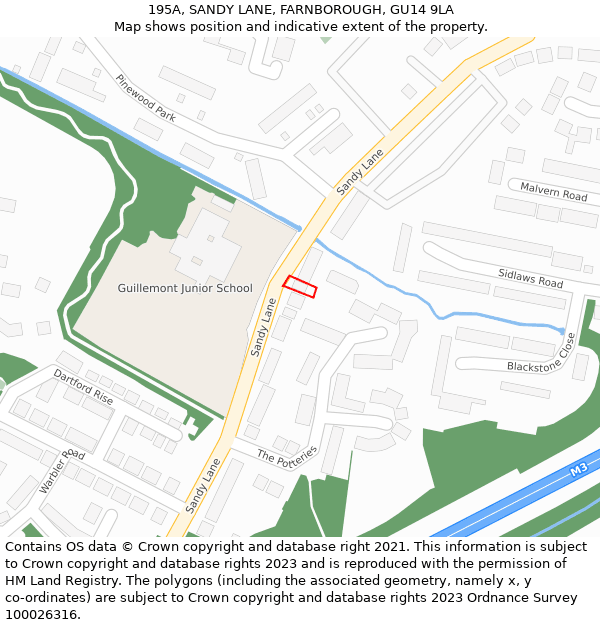 195A, SANDY LANE, FARNBOROUGH, GU14 9LA: Location map and indicative extent of plot