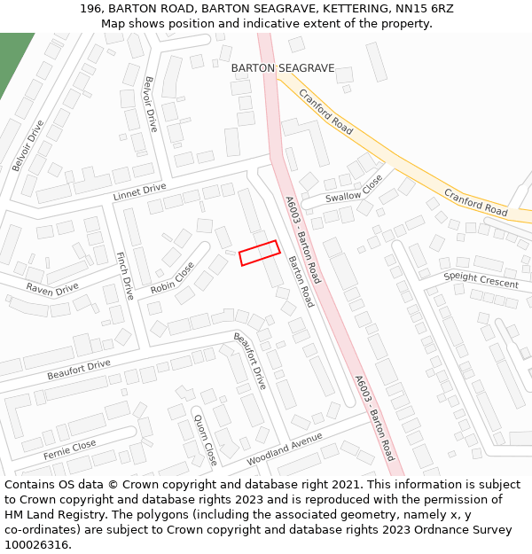 196, BARTON ROAD, BARTON SEAGRAVE, KETTERING, NN15 6RZ: Location map and indicative extent of plot