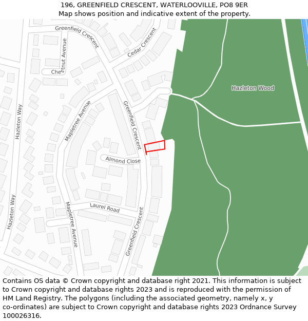 196, GREENFIELD CRESCENT, WATERLOOVILLE, PO8 9ER: Location map and indicative extent of plot
