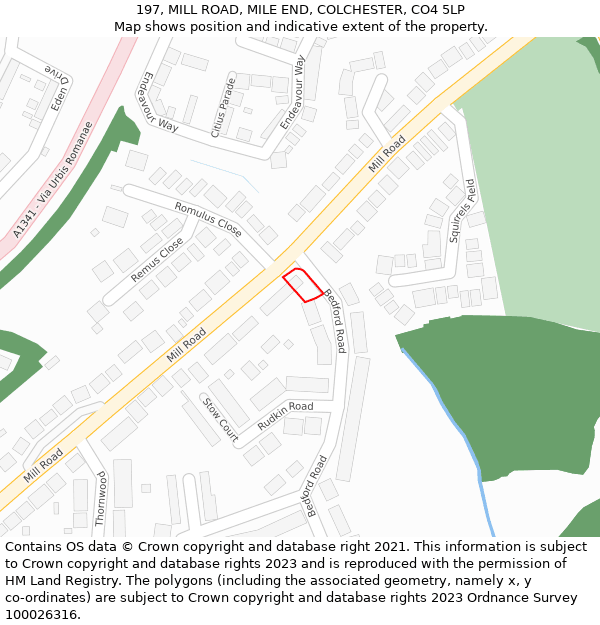 197, MILL ROAD, MILE END, COLCHESTER, CO4 5LP: Location map and indicative extent of plot