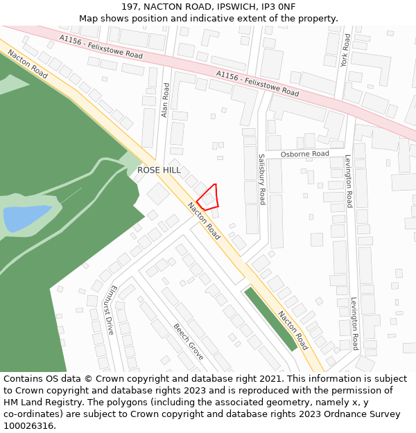 197, NACTON ROAD, IPSWICH, IP3 0NF: Location map and indicative extent of plot