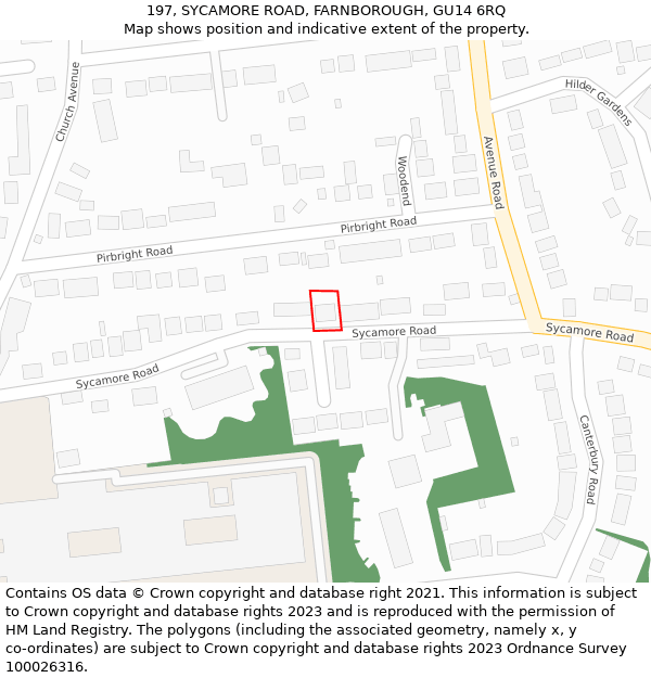 197, SYCAMORE ROAD, FARNBOROUGH, GU14 6RQ: Location map and indicative extent of plot