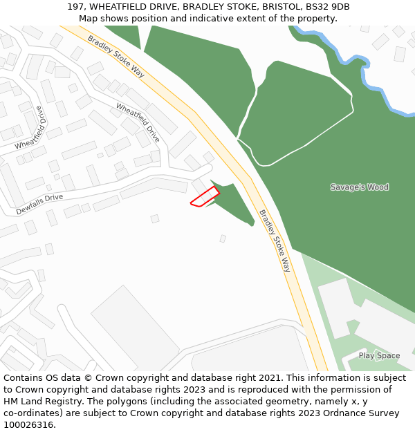 197, WHEATFIELD DRIVE, BRADLEY STOKE, BRISTOL, BS32 9DB: Location map and indicative extent of plot