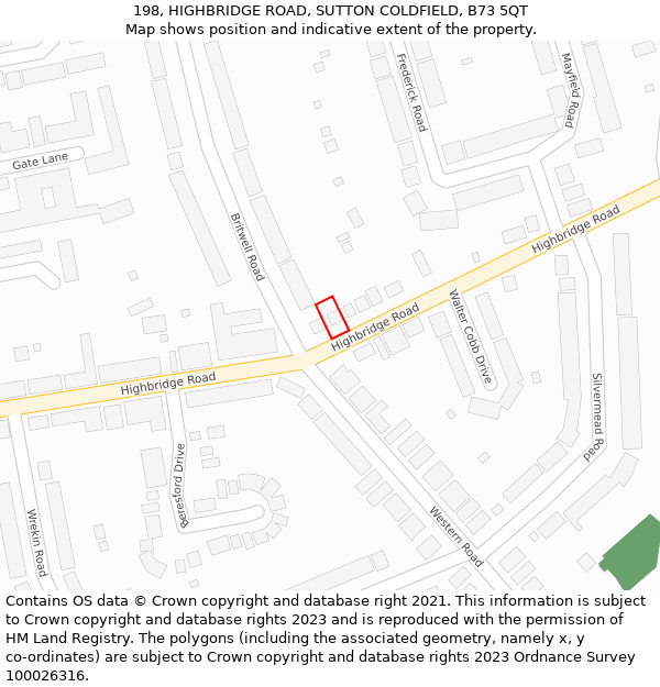 198, HIGHBRIDGE ROAD, SUTTON COLDFIELD, B73 5QT: Location map and indicative extent of plot