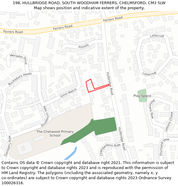 198, HULLBRIDGE ROAD, SOUTH WOODHAM FERRERS, CHELMSFORD, CM3 5LW: Location map and indicative extent of plot