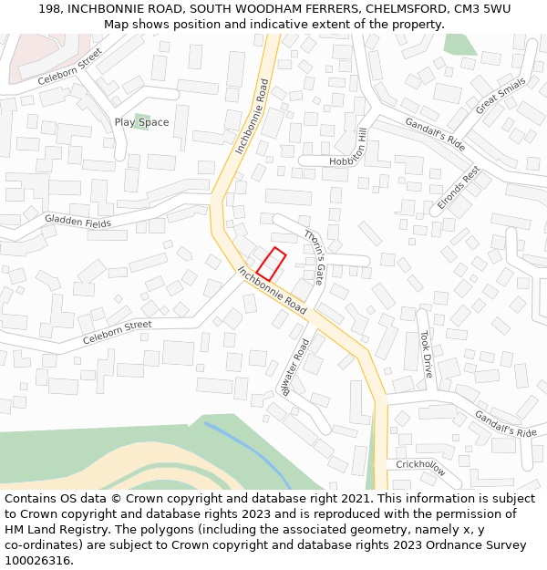 198, INCHBONNIE ROAD, SOUTH WOODHAM FERRERS, CHELMSFORD, CM3 5WU: Location map and indicative extent of plot