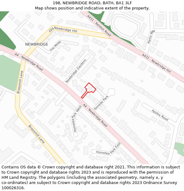 198, NEWBRIDGE ROAD, BATH, BA1 3LF: Location map and indicative extent of plot