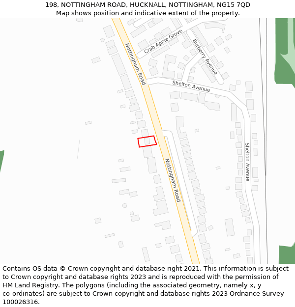 198, NOTTINGHAM ROAD, HUCKNALL, NOTTINGHAM, NG15 7QD: Location map and indicative extent of plot