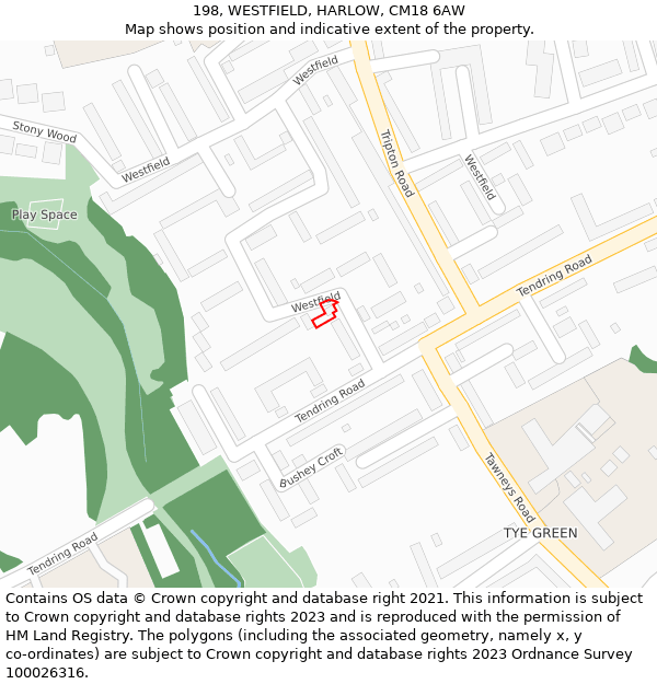 198, WESTFIELD, HARLOW, CM18 6AW: Location map and indicative extent of plot