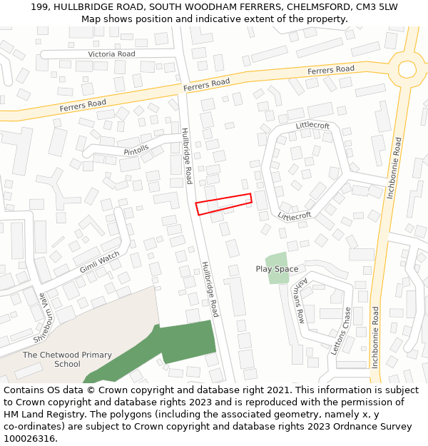 199, HULLBRIDGE ROAD, SOUTH WOODHAM FERRERS, CHELMSFORD, CM3 5LW: Location map and indicative extent of plot