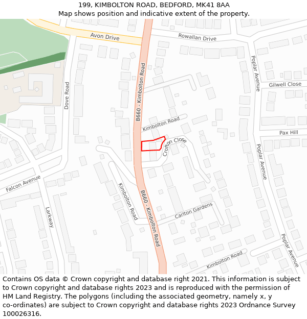 199, KIMBOLTON ROAD, BEDFORD, MK41 8AA: Location map and indicative extent of plot