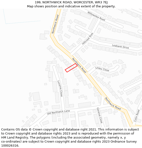 199, NORTHWICK ROAD, WORCESTER, WR3 7EJ: Location map and indicative extent of plot