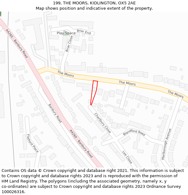 199, THE MOORS, KIDLINGTON, OX5 2AE: Location map and indicative extent of plot