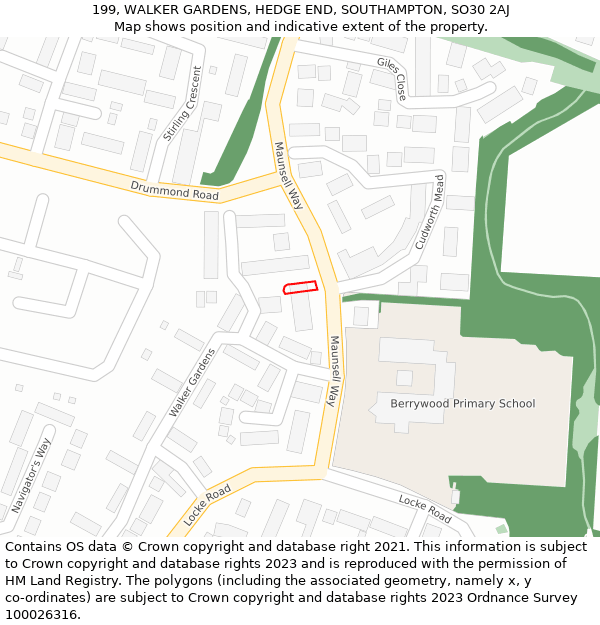 199, WALKER GARDENS, HEDGE END, SOUTHAMPTON, SO30 2AJ: Location map and indicative extent of plot