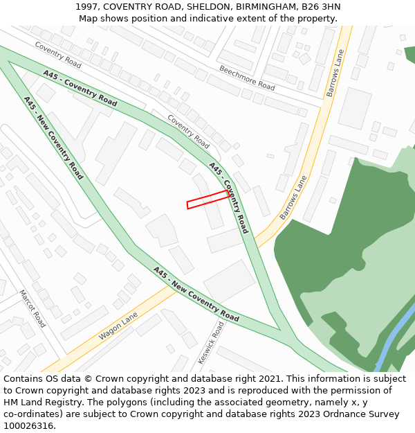 1997, COVENTRY ROAD, SHELDON, BIRMINGHAM, B26 3HN: Location map and indicative extent of plot