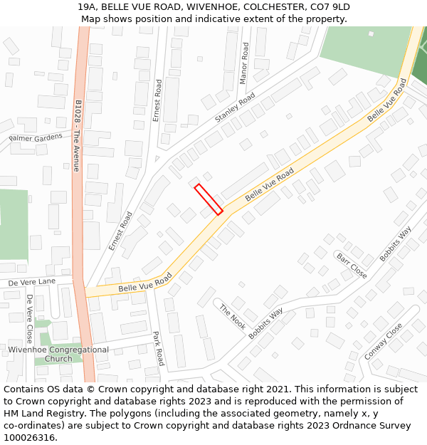 19A, BELLE VUE ROAD, WIVENHOE, COLCHESTER, CO7 9LD: Location map and indicative extent of plot