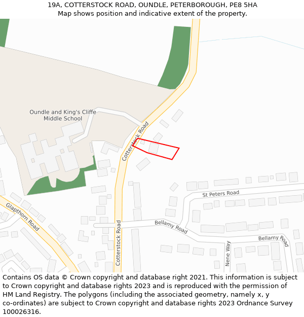 19A, COTTERSTOCK ROAD, OUNDLE, PETERBOROUGH, PE8 5HA: Location map and indicative extent of plot