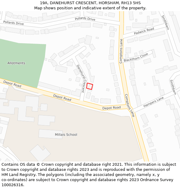 19A, DANEHURST CRESCENT, HORSHAM, RH13 5HS: Location map and indicative extent of plot