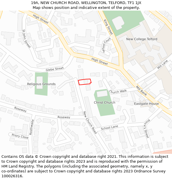 19A, NEW CHURCH ROAD, WELLINGTON, TELFORD, TF1 1JX: Location map and indicative extent of plot
