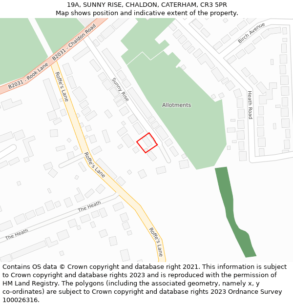 19A, SUNNY RISE, CHALDON, CATERHAM, CR3 5PR: Location map and indicative extent of plot