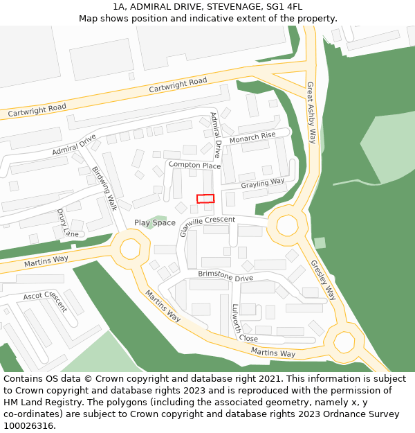 1A, ADMIRAL DRIVE, STEVENAGE, SG1 4FL: Location map and indicative extent of plot
