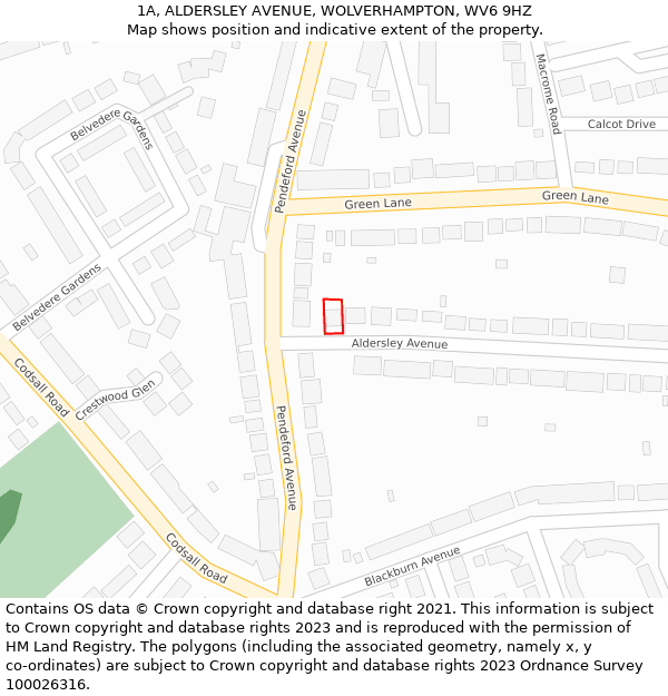 1A, ALDERSLEY AVENUE, WOLVERHAMPTON, WV6 9HZ: Location map and indicative extent of plot