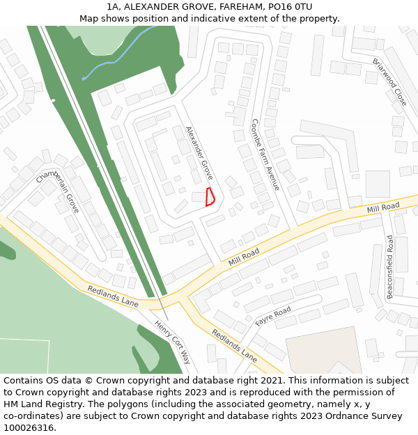 1A, ALEXANDER GROVE, FAREHAM, PO16 0TU: Location map and indicative extent of plot