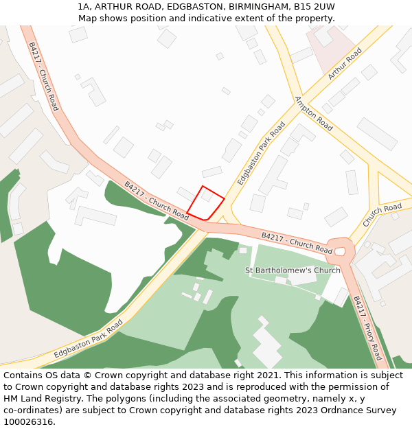 1A, ARTHUR ROAD, EDGBASTON, BIRMINGHAM, B15 2UW: Location map and indicative extent of plot