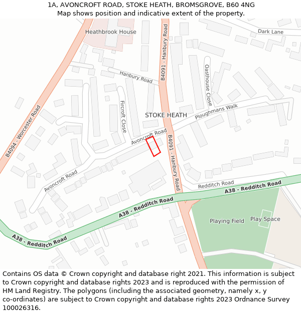 1A, AVONCROFT ROAD, STOKE HEATH, BROMSGROVE, B60 4NG: Location map and indicative extent of plot