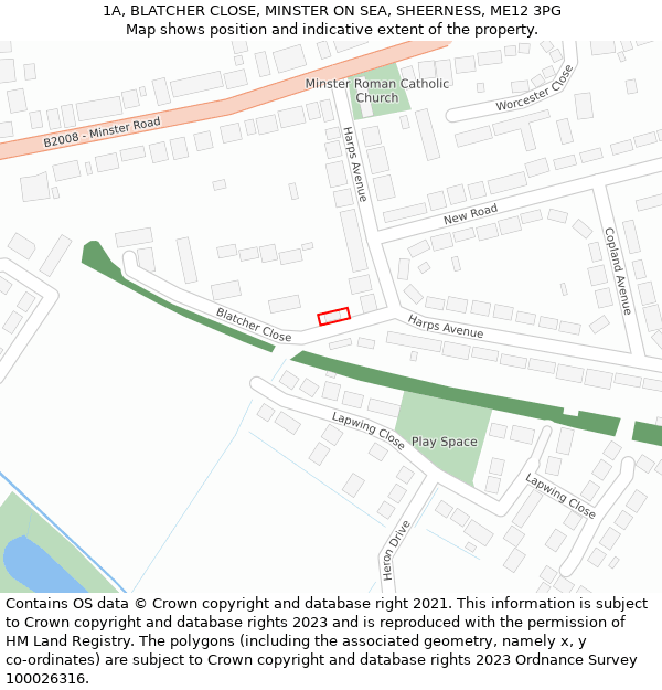 1A, BLATCHER CLOSE, MINSTER ON SEA, SHEERNESS, ME12 3PG: Location map and indicative extent of plot