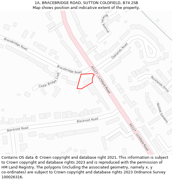 1A, BRACEBRIDGE ROAD, SUTTON COLDFIELD, B74 2SB: Location map and indicative extent of plot