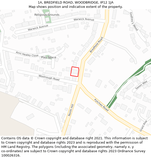 1A, BREDFIELD ROAD, WOODBRIDGE, IP12 1JA: Location map and indicative extent of plot