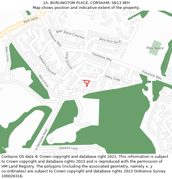 1A, BURLINGTON PLACE, CORSHAM, SN13 9EH: Location map and indicative extent of plot