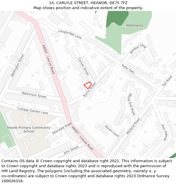 1A, CARLYLE STREET, HEANOR, DE75 7FZ: Location map and indicative extent of plot