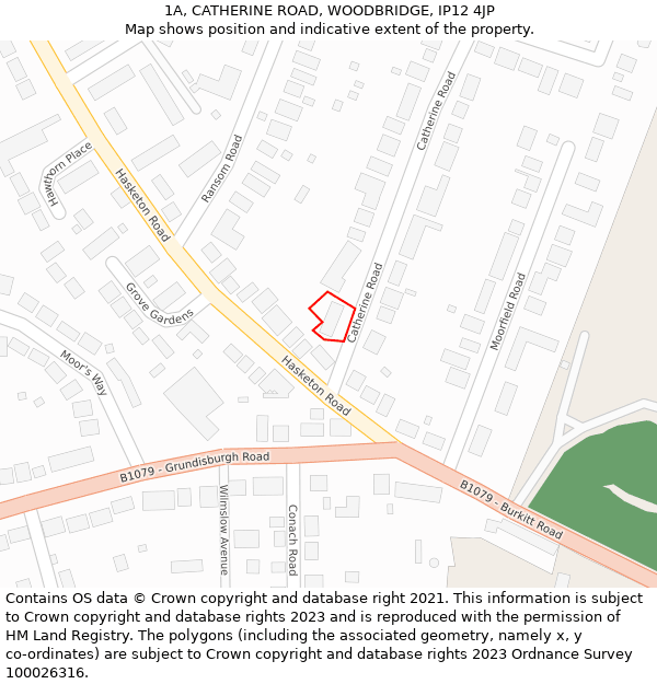 1A, CATHERINE ROAD, WOODBRIDGE, IP12 4JP: Location map and indicative extent of plot