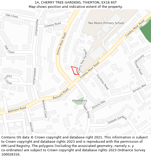 1A, CHERRY TREE GARDENS, TIVERTON, EX16 6ST: Location map and indicative extent of plot