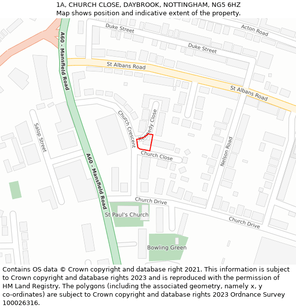 1A, CHURCH CLOSE, DAYBROOK, NOTTINGHAM, NG5 6HZ: Location map and indicative extent of plot