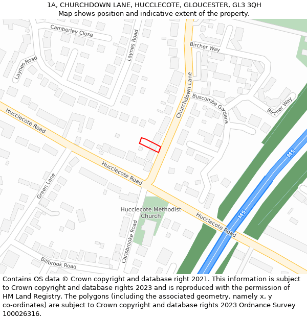 1A, CHURCHDOWN LANE, HUCCLECOTE, GLOUCESTER, GL3 3QH: Location map and indicative extent of plot