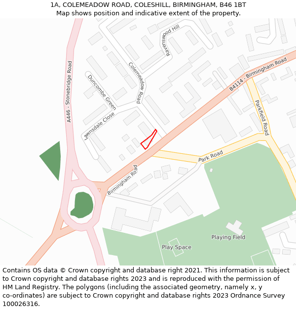 1A, COLEMEADOW ROAD, COLESHILL, BIRMINGHAM, B46 1BT: Location map and indicative extent of plot