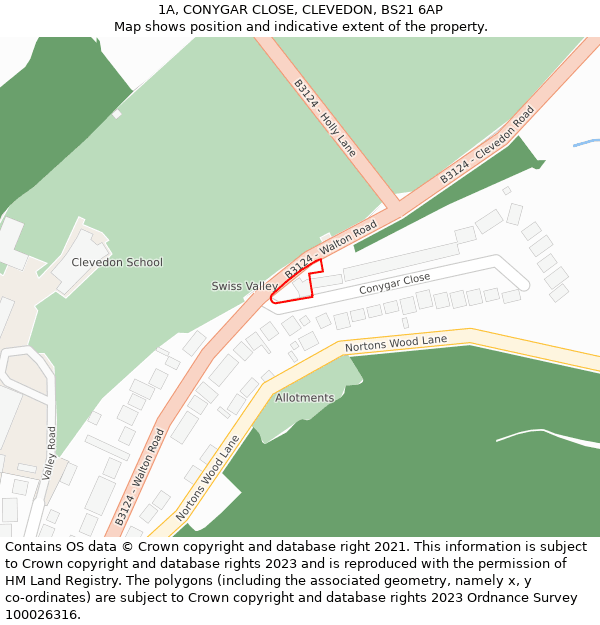 1A, CONYGAR CLOSE, CLEVEDON, BS21 6AP: Location map and indicative extent of plot