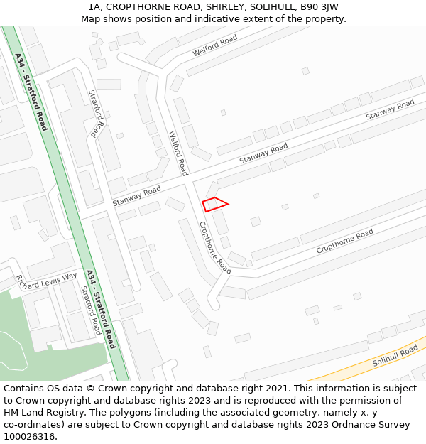 1A, CROPTHORNE ROAD, SHIRLEY, SOLIHULL, B90 3JW: Location map and indicative extent of plot