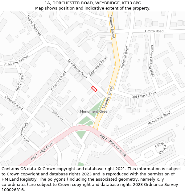 1A, DORCHESTER ROAD, WEYBRIDGE, KT13 8PG: Location map and indicative extent of plot
