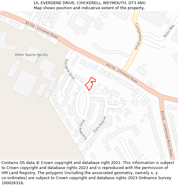1A, EVERDENE DRIVE, CHICKERELL, WEYMOUTH, DT3 4NU: Location map and indicative extent of plot