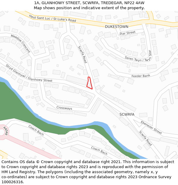 1A, GLANHOWY STREET, SCWRFA, TREDEGAR, NP22 4AW: Location map and indicative extent of plot