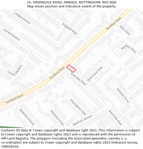 1A, GREENDALE ROAD, ARNOLD, NOTTINGHAM, NG5 6QD: Location map and indicative extent of plot