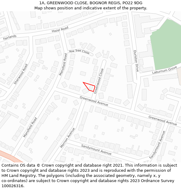 1A, GREENWOOD CLOSE, BOGNOR REGIS, PO22 9DG: Location map and indicative extent of plot