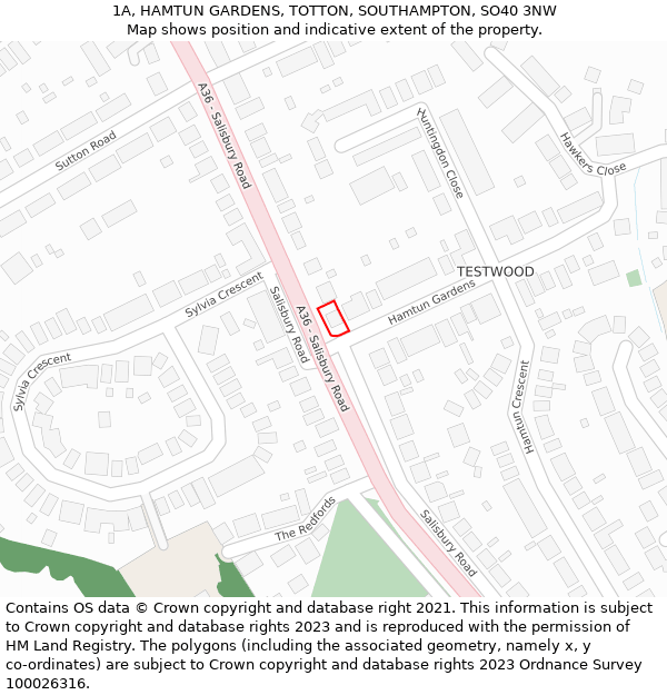 1A, HAMTUN GARDENS, TOTTON, SOUTHAMPTON, SO40 3NW: Location map and indicative extent of plot