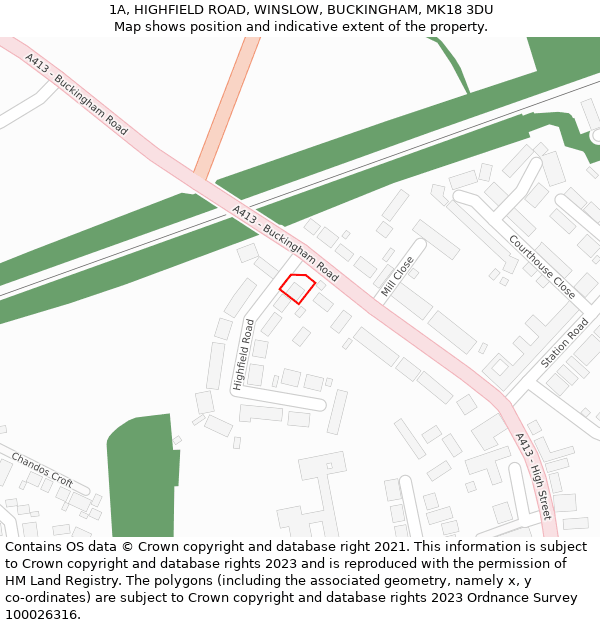 1A, HIGHFIELD ROAD, WINSLOW, BUCKINGHAM, MK18 3DU: Location map and indicative extent of plot