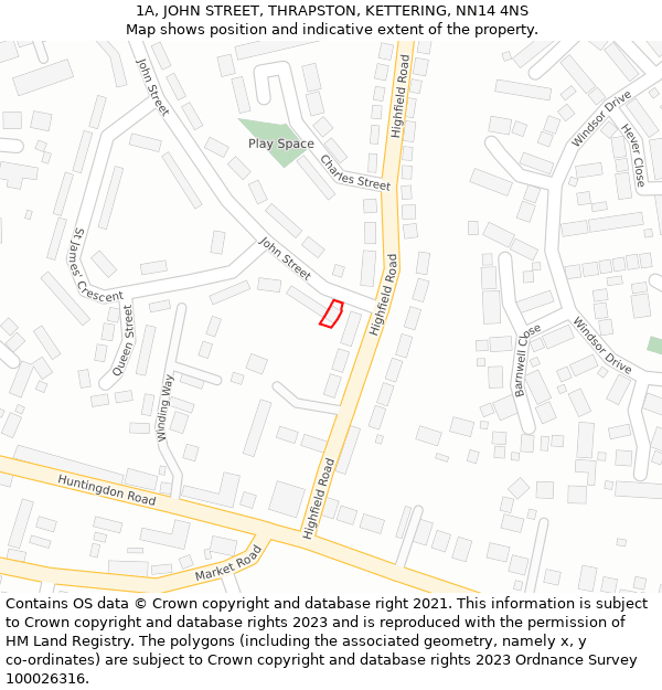 1A, JOHN STREET, THRAPSTON, KETTERING, NN14 4NS: Location map and indicative extent of plot