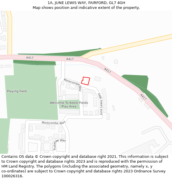 1A, JUNE LEWIS WAY, FAIRFORD, GL7 4GH: Location map and indicative extent of plot